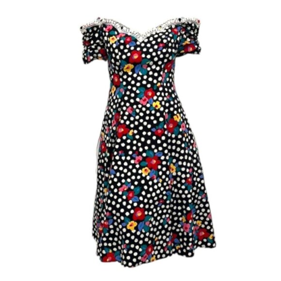 1980s Rockabilly Crinoline Off-the-Shoulder Polka Dot Flower Twirly Party‎ Dress - Picture 1 of 7